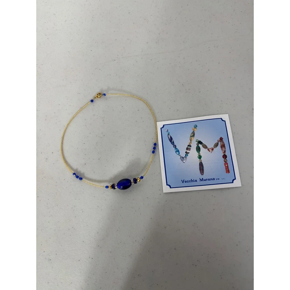 Vecchia Murano Glass Necklace Blue Bead Gold Tone Chain Women